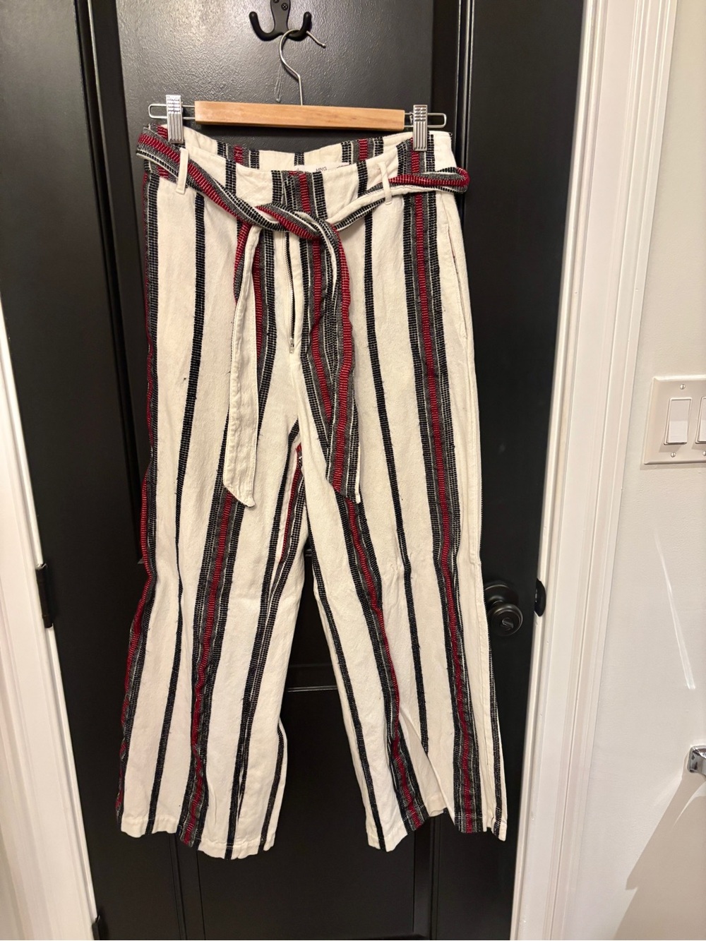 Striped Mango Pants — Cream with Black & Red Stripes